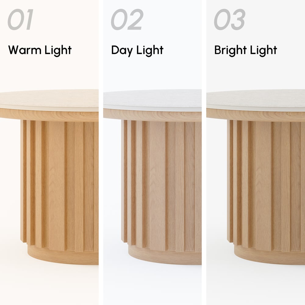 Table basse ronde à lattes en bois de frêne Aura avec plateau en pierre frittée image de fenêtre
