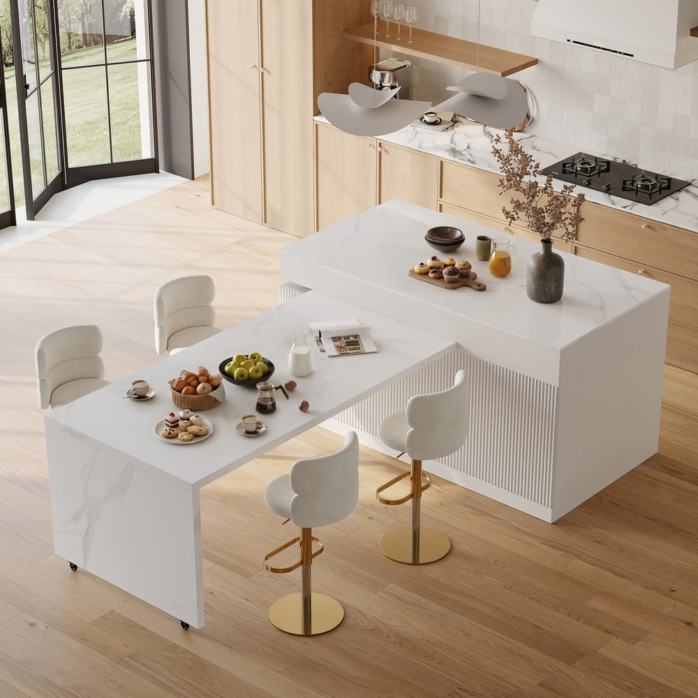 Modern 81"-112" Sintered Stone Kitchen Island with Drawers & Doors, White window image