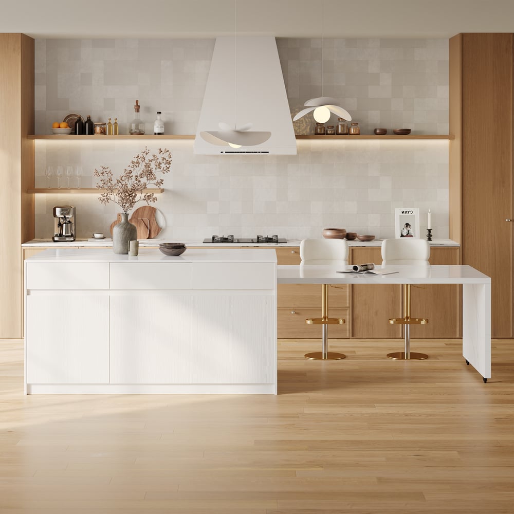 Modern 81"-112" Sintered Stone Kitchen Island with Drawers & Doors, White window image