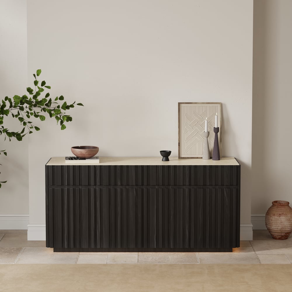 Aura 65" Ash Wood Slatted Black TV Stand with Sintered Stone Top window image