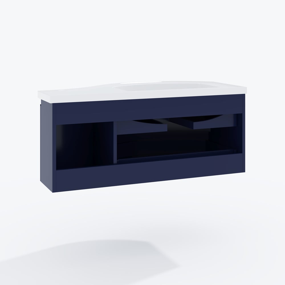 35" Navy Floating Single Curved Bathroom Vanity with Sink & Storage window image