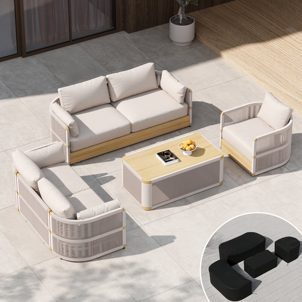 Costra Modern Aluminum & Rope Outdoor Swivel Sofa Set with Coffee Table & Cover in Ivory window image