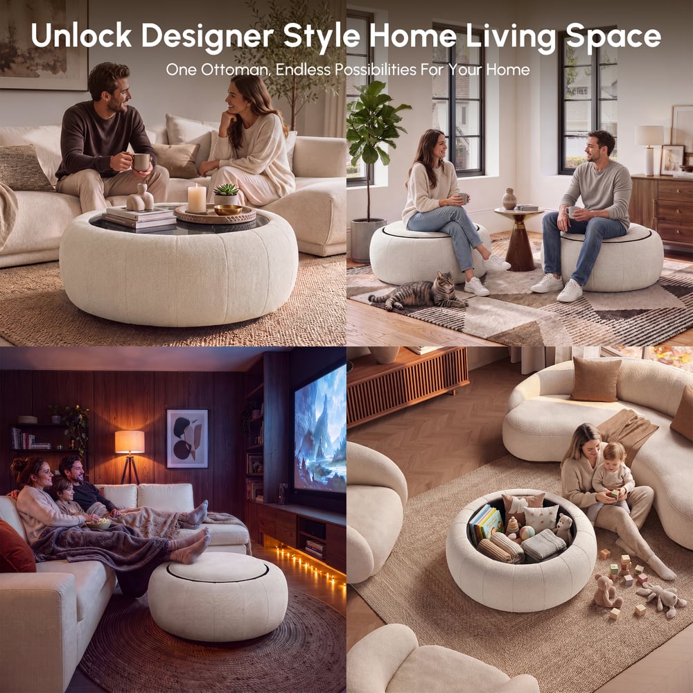 Modern 39" Round Performance Chenille Ottoman Coffee Table with Hidden Storage window image
