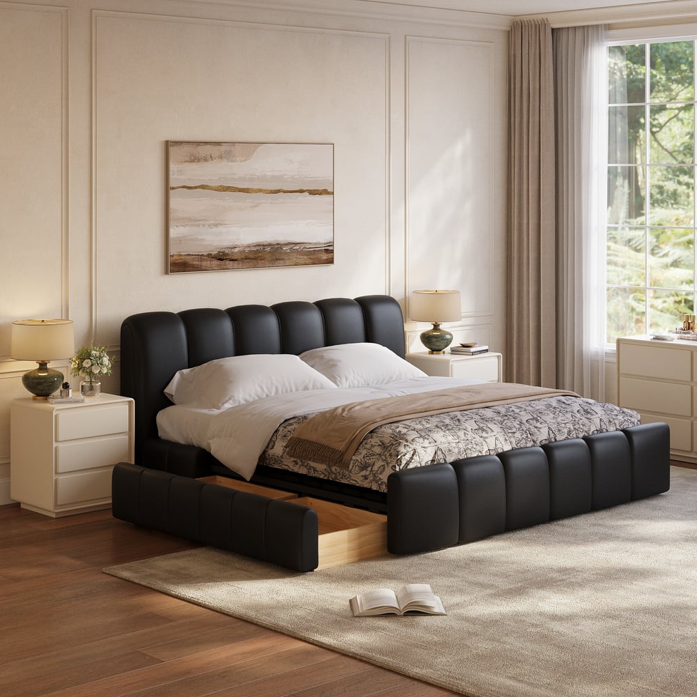 Humply Queen Black Faux Leather Storage Bed with Drawers window image