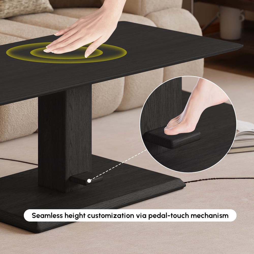 Table basse moderne de 119 cm en placage de bois noir, réglable en hauteur avec commande au pied image de fenêtre