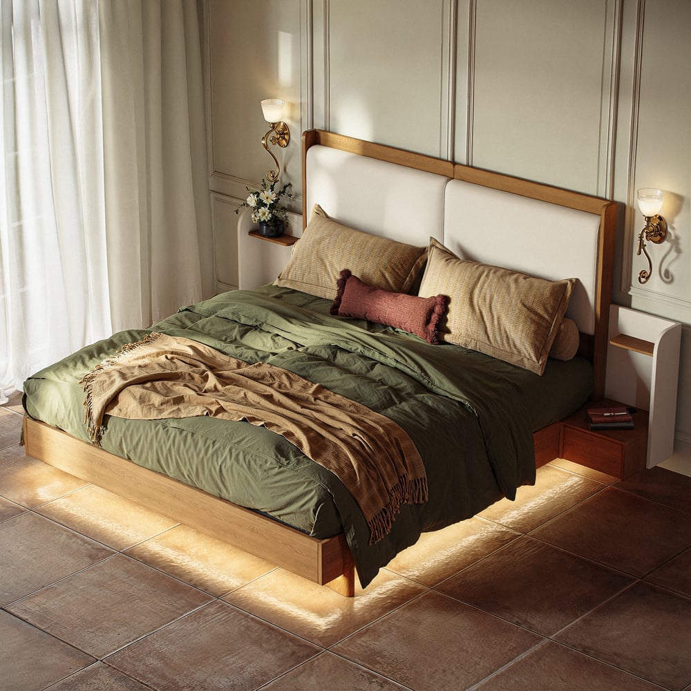 King Solid Wood Bed with Leather Extended Headboard & Floating Smart Nightstand Set window image