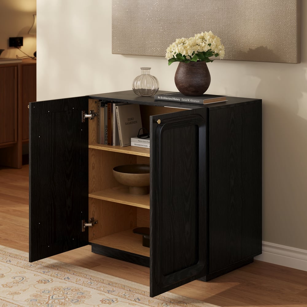 31" Ash Wood Veneer TV Stand with Wood Doors & Storage window image