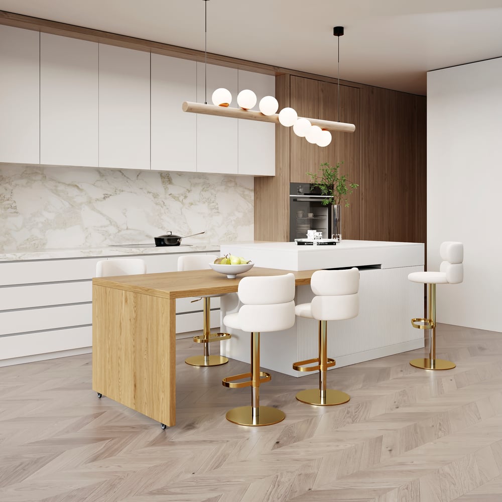 Îlot de cuisine extensible en bois de 81'' à 112'' avec rangement, Naturel et Blanc image de fenêtre
