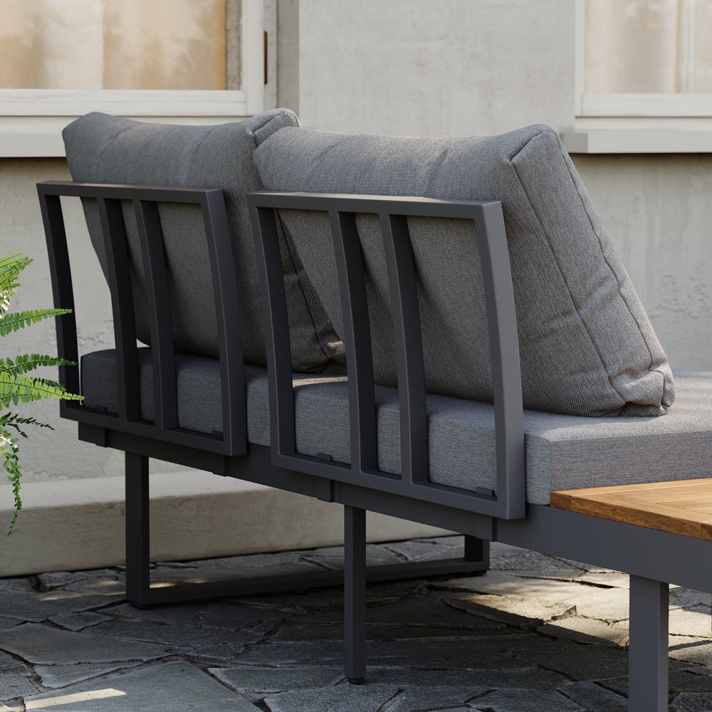 Ensemble de canapé modulaire d'extérieur Slatera en acacia et aluminium, gris foncé avec housse noire image de fenêtre