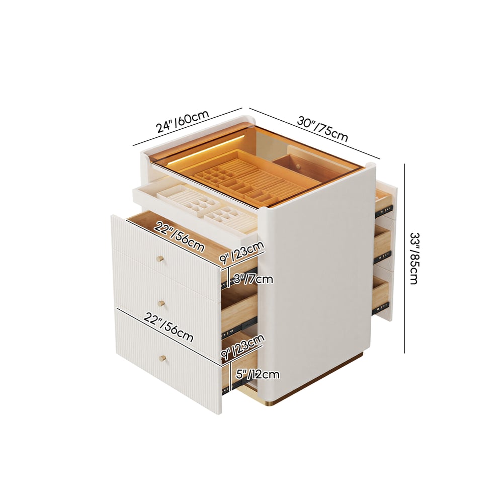 Îlot de placard moderne de 29,5" en cuir cannelé, commode à 7 tiroirs avec éclairage et rangement pour bijoux Poids, dimensions, image