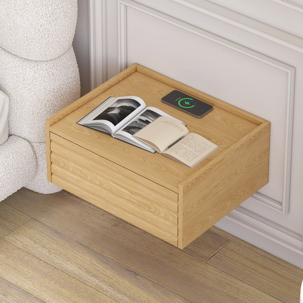 Japanese-Style Low Bed Frame with Natural Floor Bed and Floating Wooden Nightstands Set window image