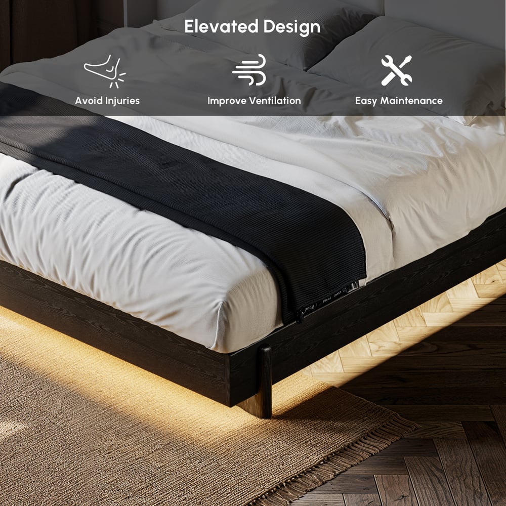 King Solid Wood Bed with Leather Extended Headboard & Floating Smart Nightstand Set window image