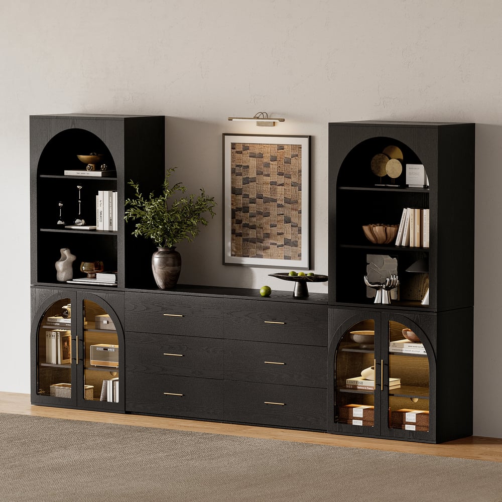 Arune 126"  Arched Glass Door 3-Piece Entertainment Center with Bookshelf window image