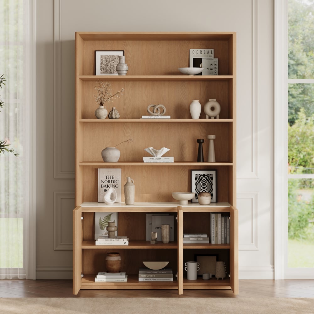 Aura 120cm Boekenkast van Essenhout met Gegroefde Details en Blad van Sintersteen Vensterafbeelding