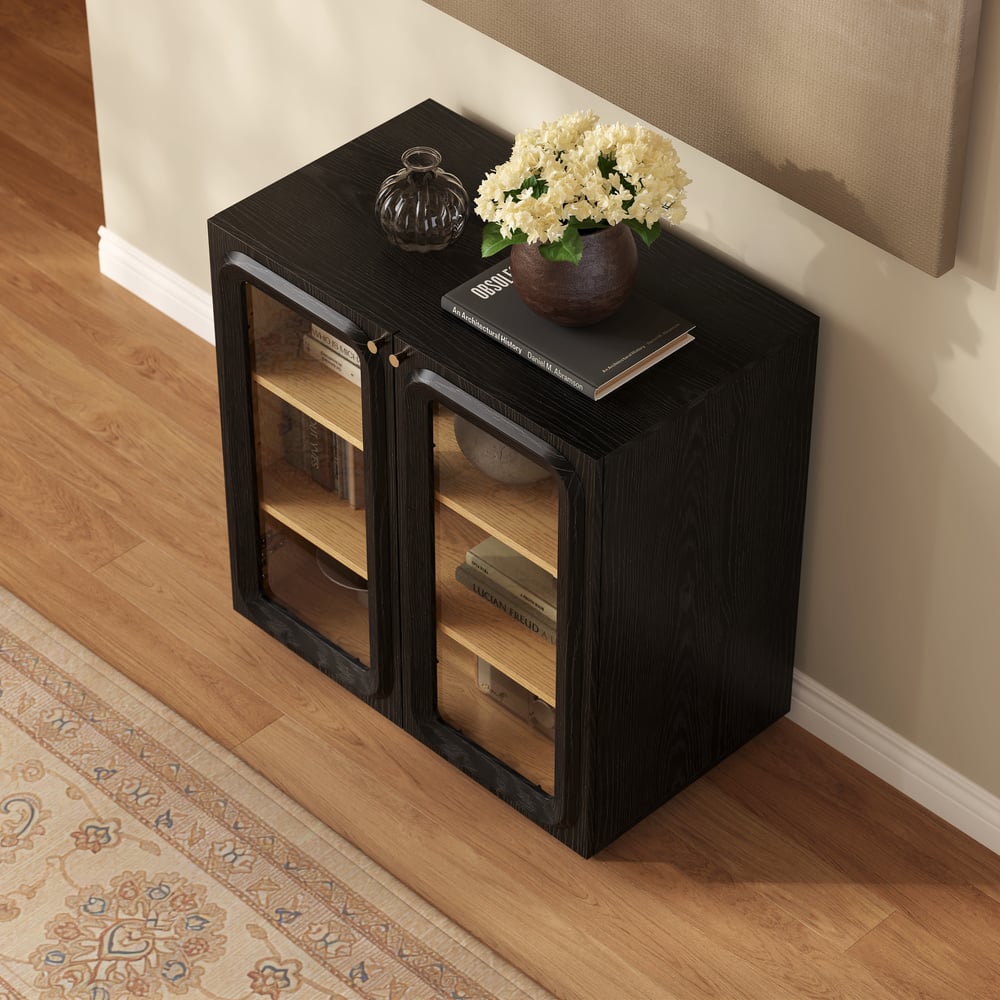 31" Ash Wood Veneer TV Stand with Glass Doors, Chest Cabinet and LED window image
