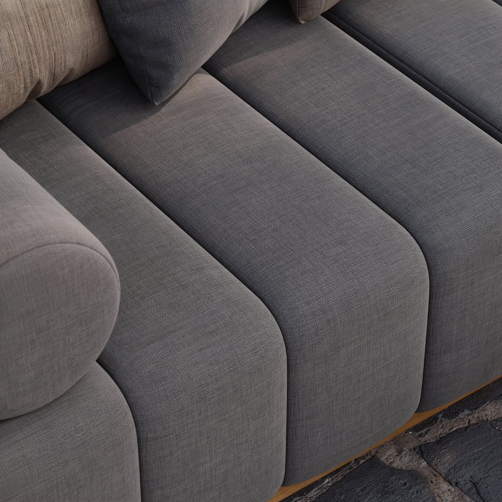 Ensemble de canapé modulaire d'extérieur 7 pièces Resaro en teck naturel avec dossier cannelé gris foncé image de fenêtre