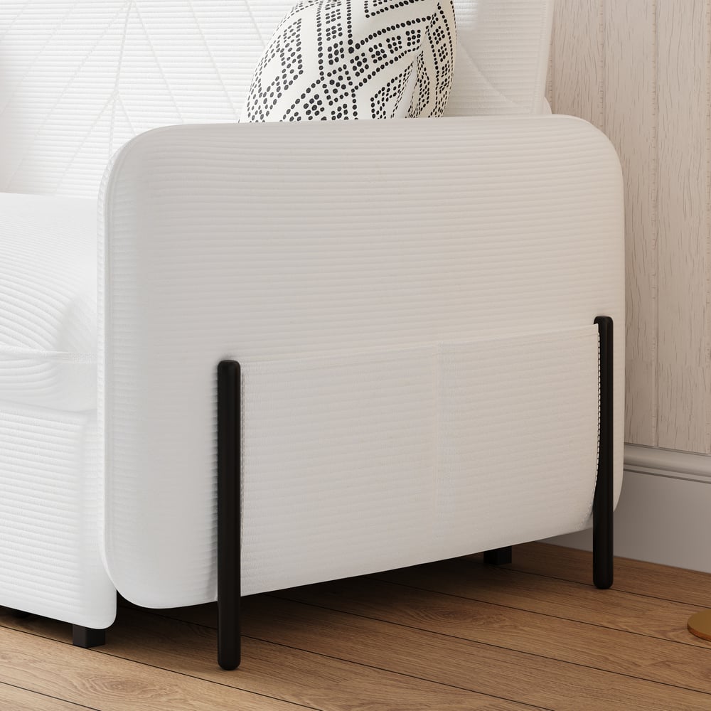 Canapé convertible lit 172 cm 2 places velours côtelé blanc avec rangement et coussins image de fenêtre