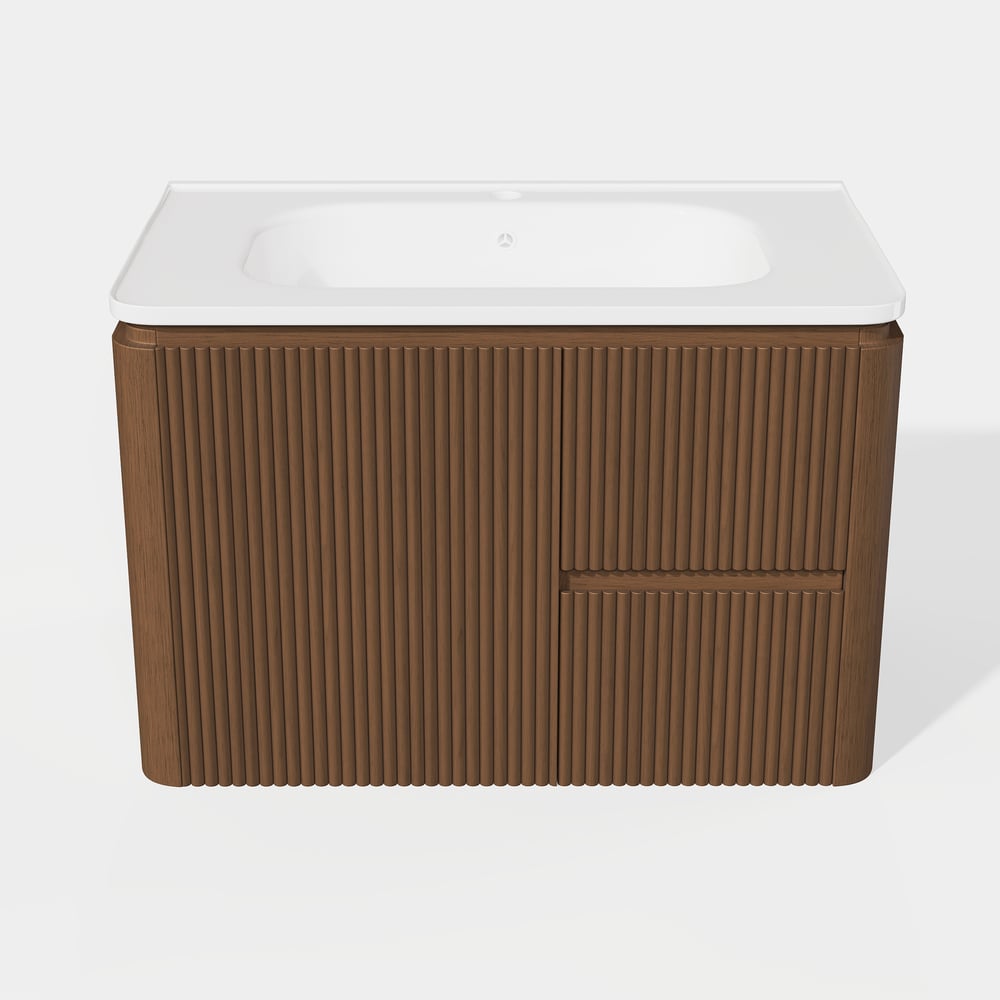 Meuble-lavabo de salle de bain flottant cannelé moderne de 81 cm avec lavabo, éclairage LED doux et grand espace de rangement image de fenêtre