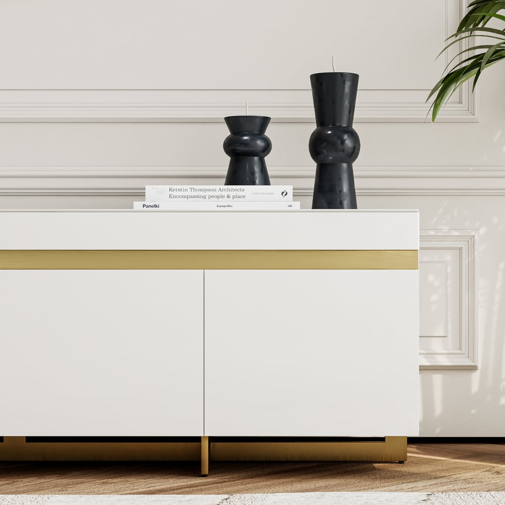 86" White Sintered Stone Top TV Stand with 4 Drawers window image