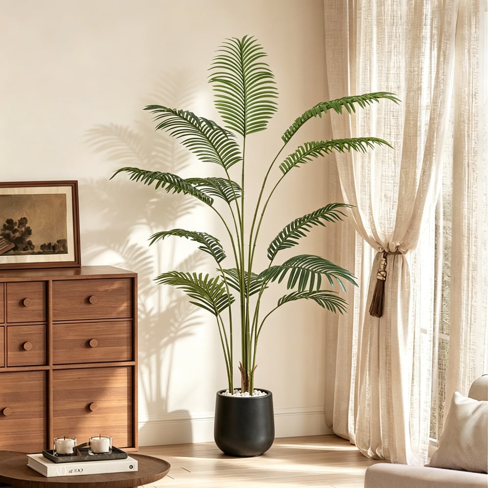 6 ft. Artificial Areca Palm Tree with Planter and Decorative Stones window image