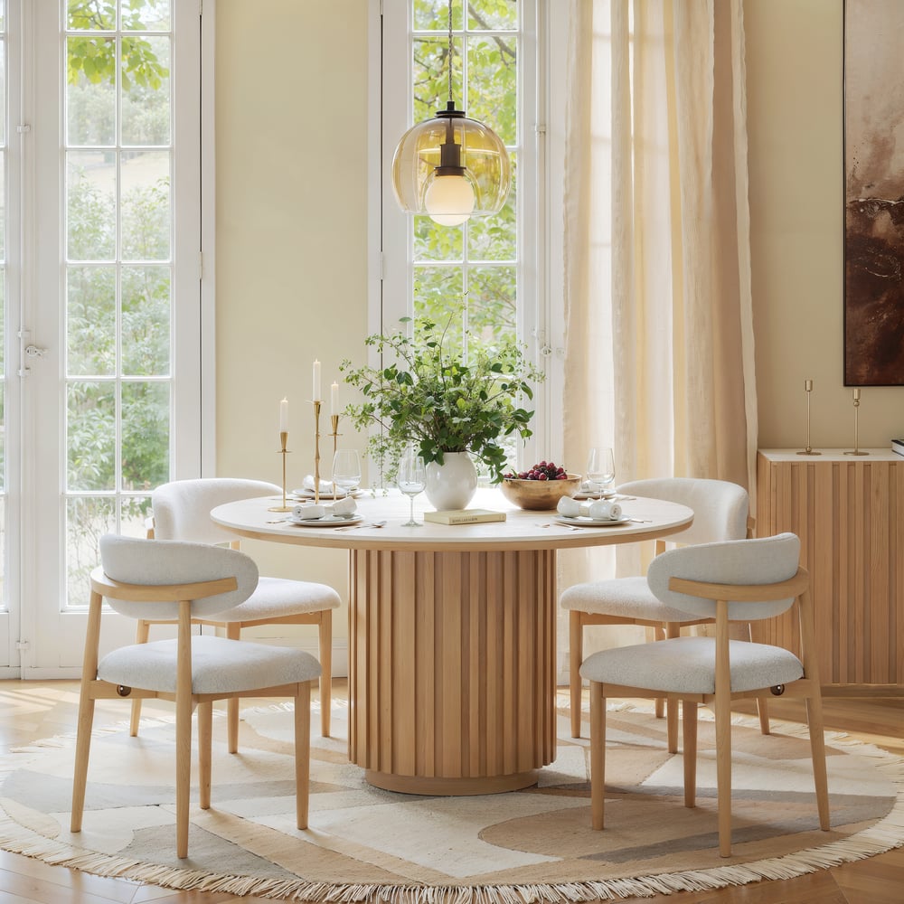Aura 47" Round Natural Faux Travertine Sintered Stone Dining Table, Fluted Base, Seats 4 window image