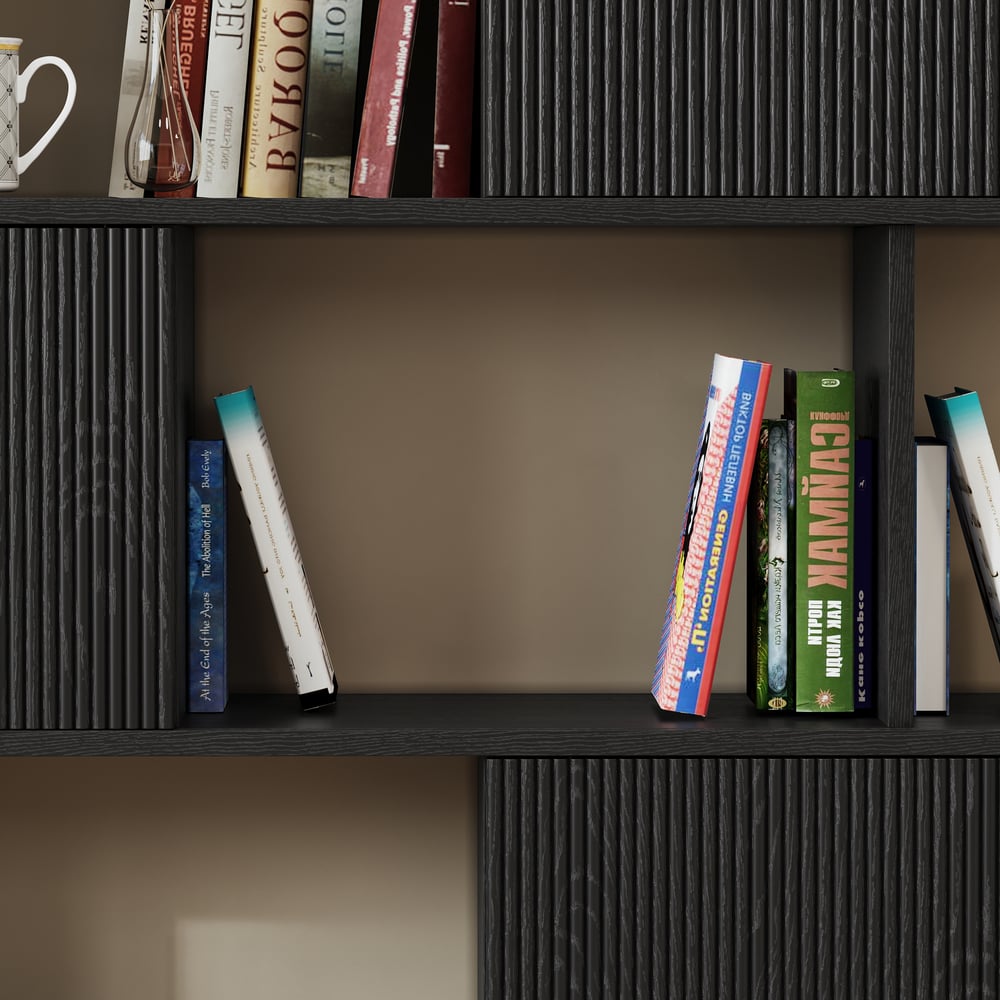 72.8" Black Sliding Door Etagere Bookshelf 5-Shelf Tall Book Shelf Rich Storage window image