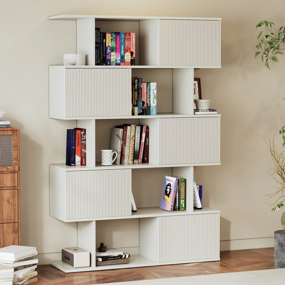 72.8" Warm White Sliding Door Etagere Bookshelf 5-Shelf Tall Book Shelf Rich Storage window image
