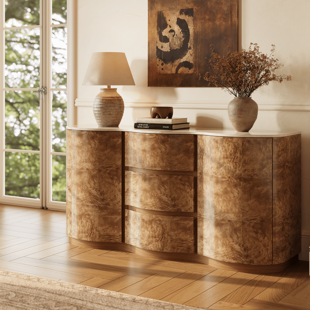 Modern 63" Burl Wood Sideboard with Sintered Stone Top window image