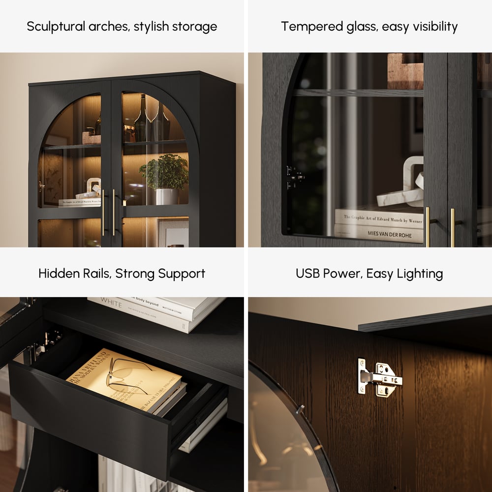 Arune Zwart Glazen Hoge Vitrinekast met Lades & LED Verlichting Vensterafbeelding