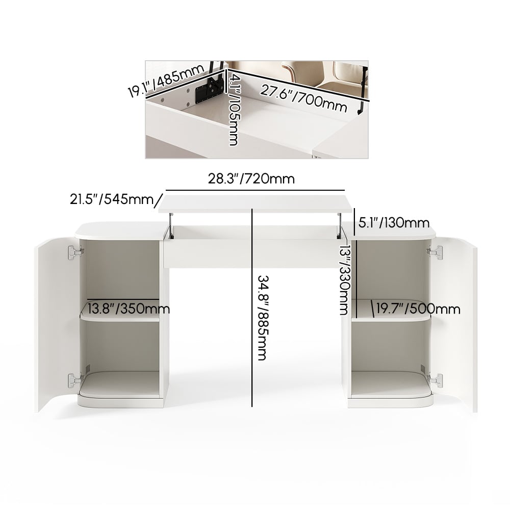 Modern 60" White Standing Office Desk & Sliding Door Etagere Bookshelf weights dimensions image