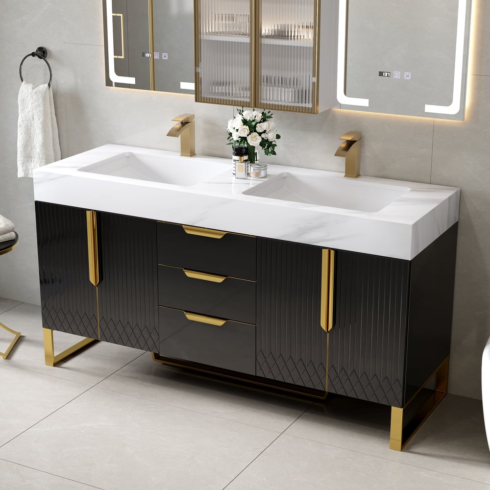 59" Double Sink Freestanding Vanity Set with LED Medicine Cabinet with Storage window image