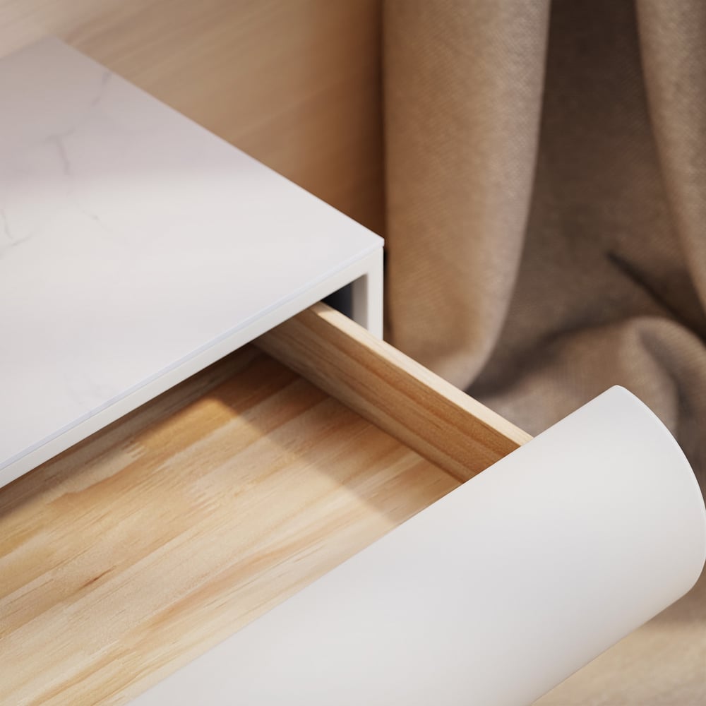 Table de chevet intelligente à LED 1 tiroir en cuir flottant Humply avec plateau en pierre frittée image de fenêtre