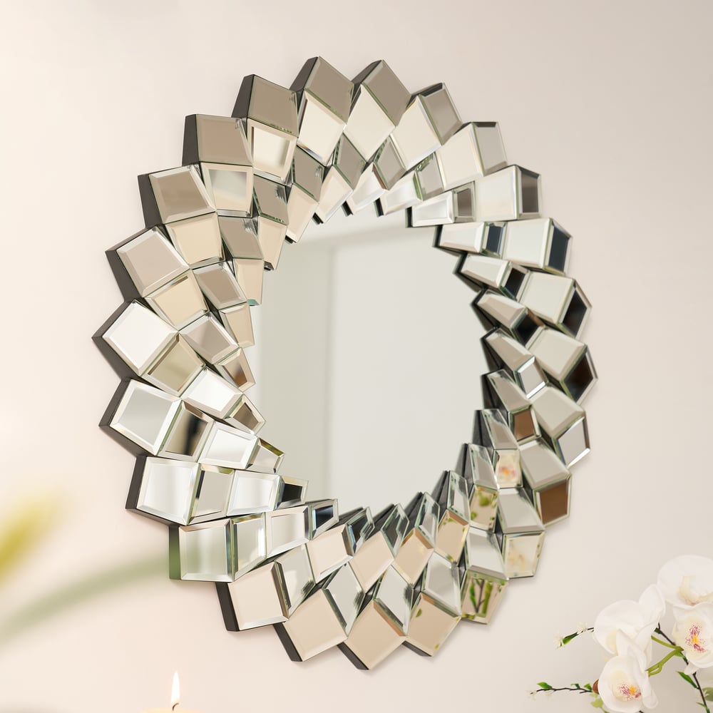 24" Diamond-Shaped Wall Mirror, Silver Round Decorative Mirror window image