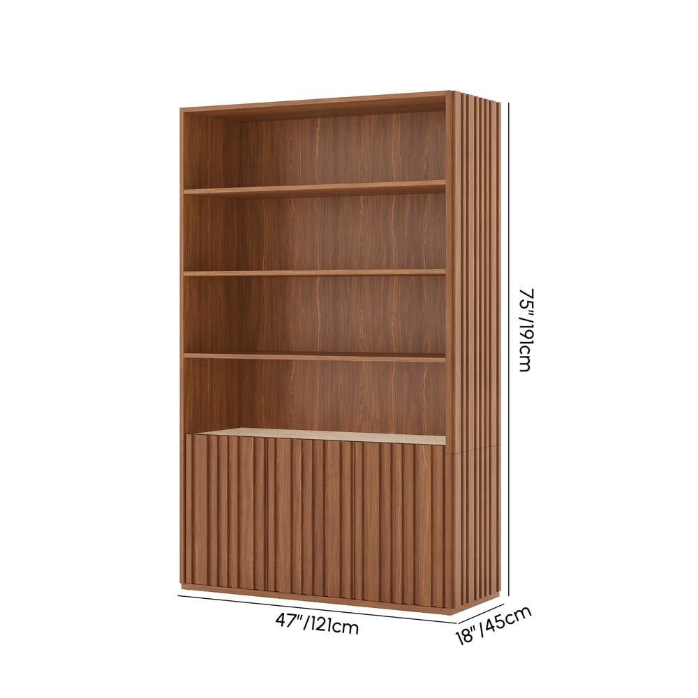 Aura 47” Ash Wood Fluted Walnut Bookcase With Sintered Stone Top weights dimensions image