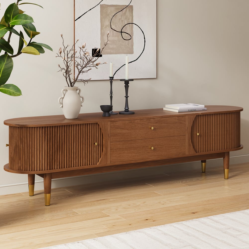 80" Ash Wood Fluted Walnut TV Stand with Storage window image