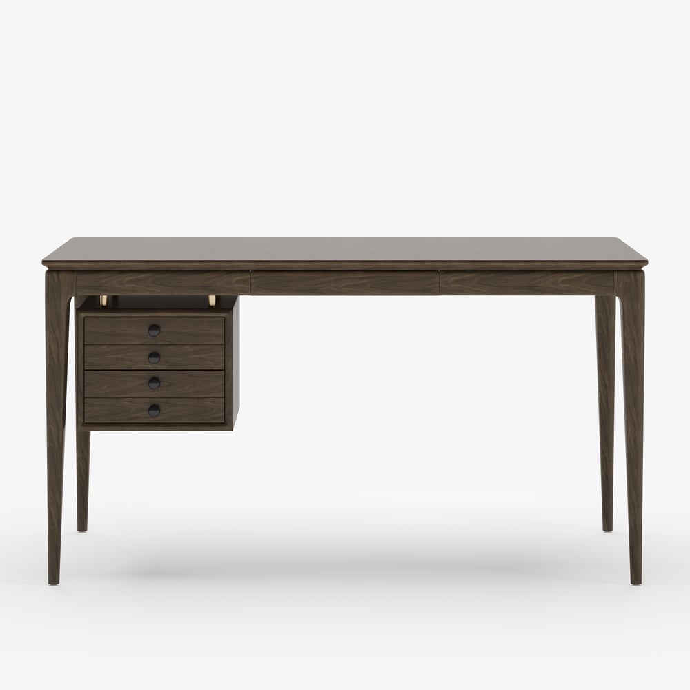 Tanic bureau 140 cm van essenhout, rookbruin, met 3 laden Vensterafbeelding
