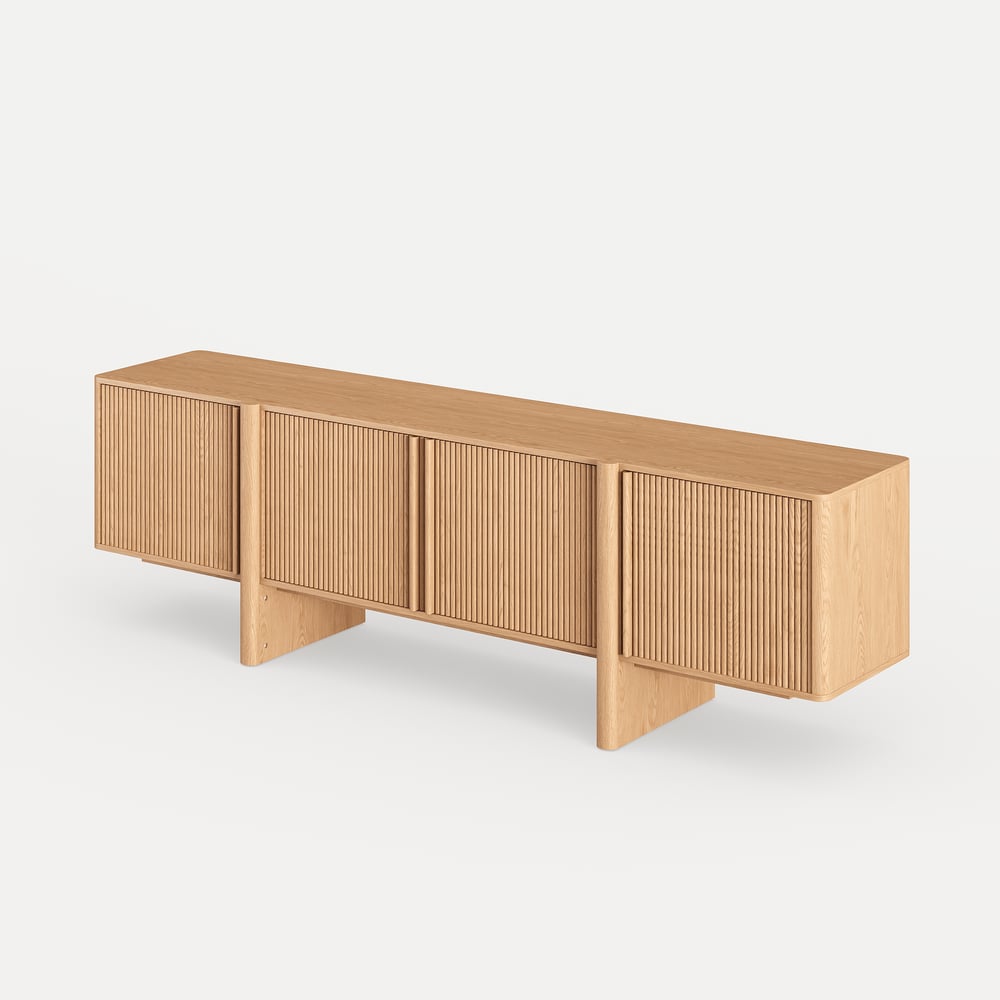 80" Solid Wood Fluted Natural TV Stand with Cabinets window image