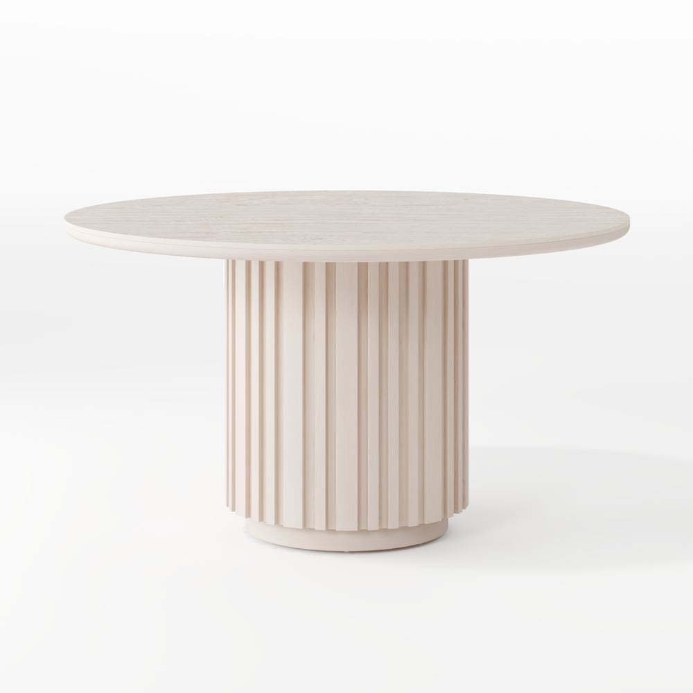 Table à manger ronde Aura de 119 cm en pierre frittée imitation travertin blanchie, base cannelée, 4 places image de fenêtre
