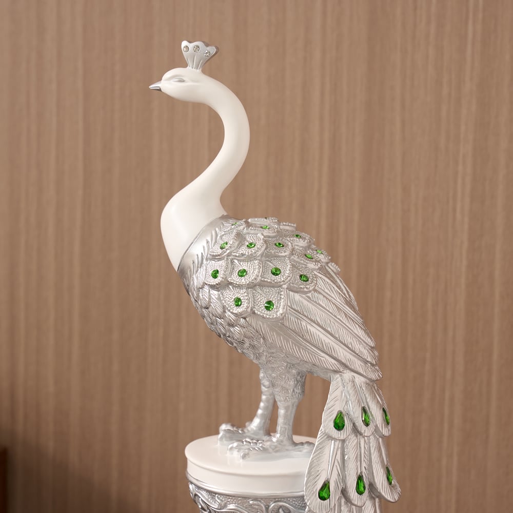 27.6" Srebrna Statua Pawia z Diamentowymi Akcentami – Luksusowa Rzeźba Pawia z Żywicy obraz okna