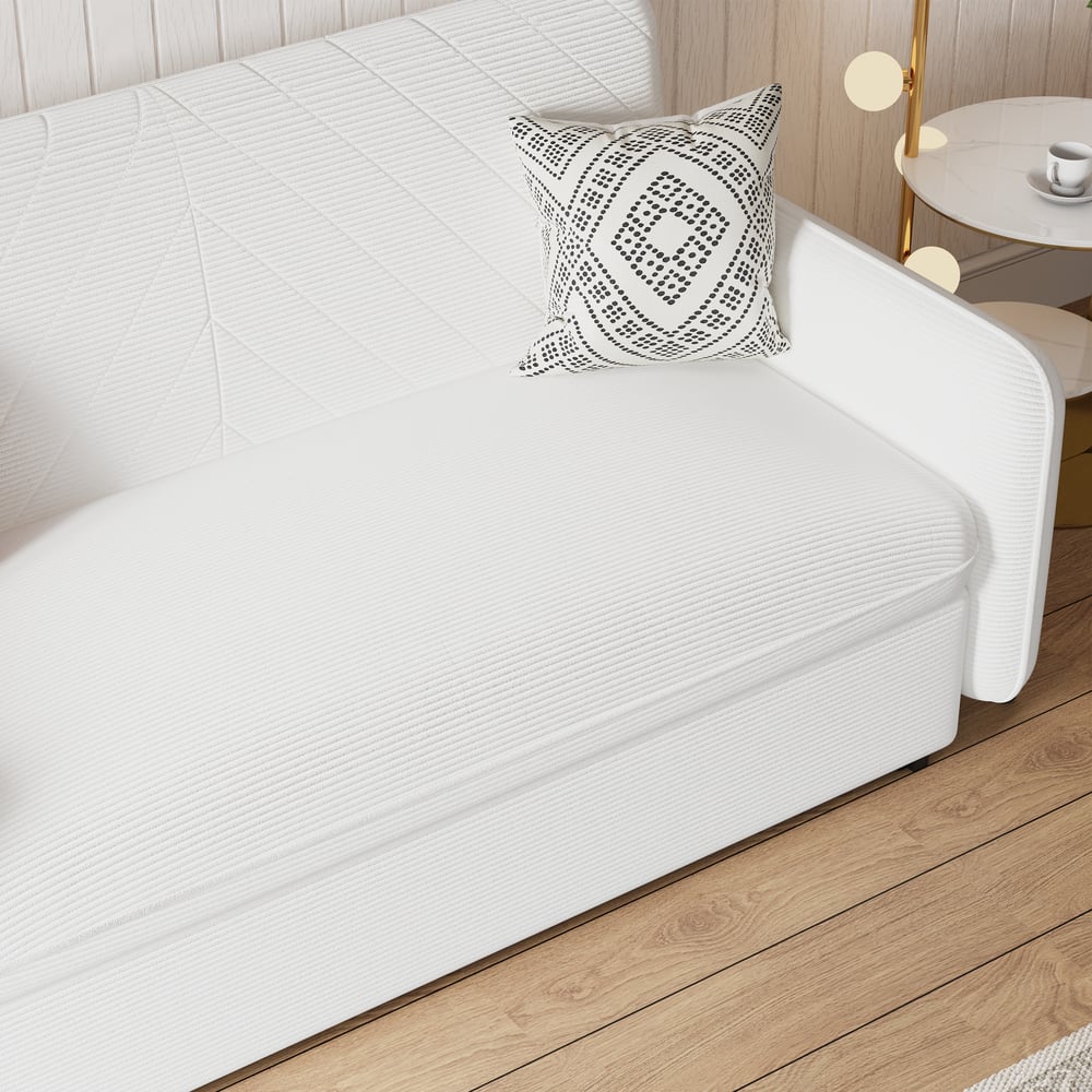 Canapé convertible lit 172 cm 2 places velours côtelé blanc avec rangement et coussins image de fenêtre
