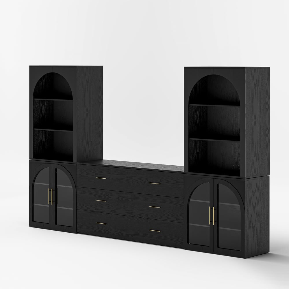 Arune 126"  Arched Glass Door 3-Piece Entertainment Center with Bookshelf window image