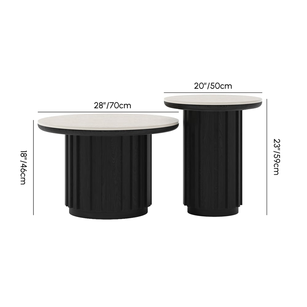 Aura 2 Piece Set Ash Wood Slatted  Round Coffee Table with Sintered Stone Top(20" - 28") weights dimensions image