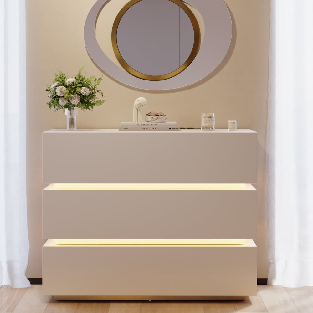 Commode à 3 tiroirs à DEL Lumio de 39 po avec borne de recharge image de fenêtre