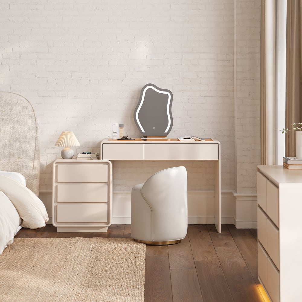 Modern Matte Warm White Makeup Vanity Set with LED Mirror and Jewelry Storage  (40"-57") window image