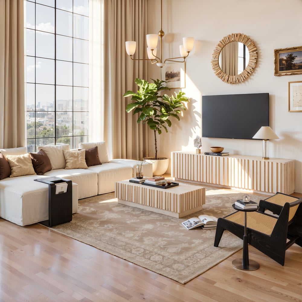 Aura TV Stand Set of Ash Wood Slatted TV Stand & Coffee Table with Sintered Stone Top window image