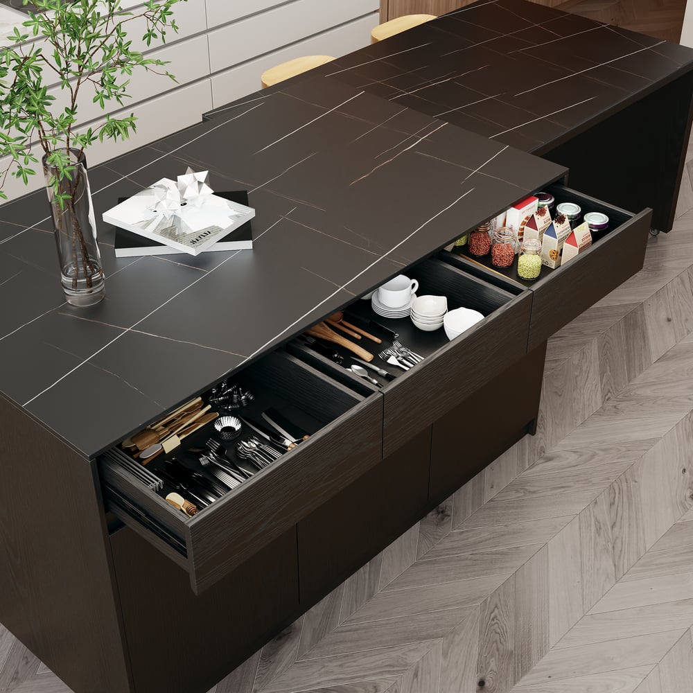 Îlot de cuisine extensible en pierre frittée mate de 81''-112" avec rangement, Noir image de fenêtre