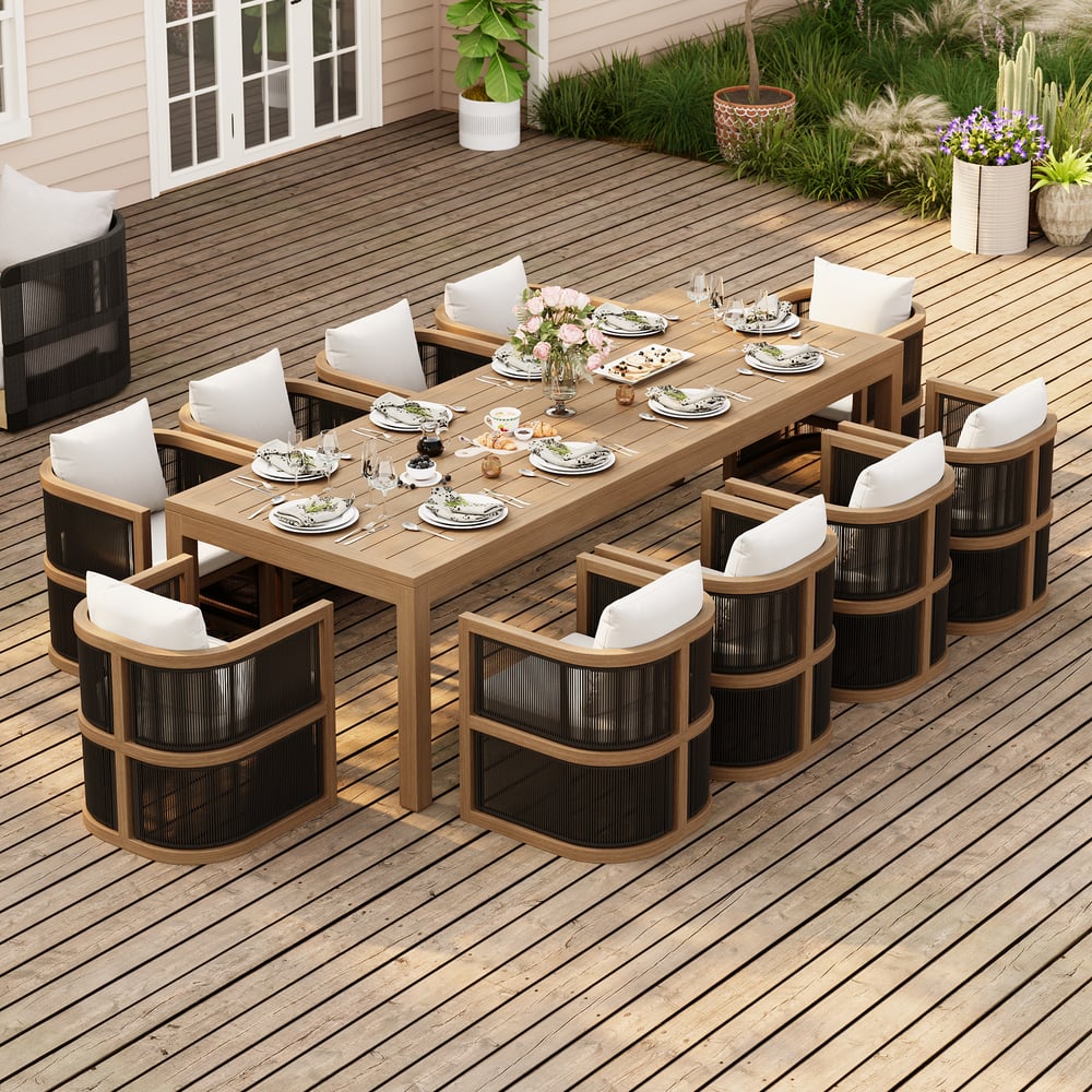 Wevara 11-Piece Outdoor Rope Weave Dining Set with 10 Chairs in Walnut window image