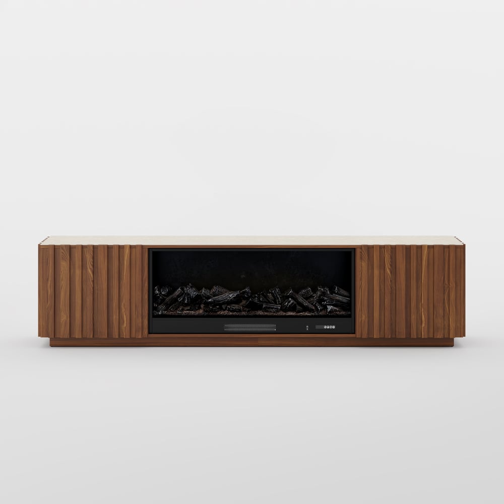 Aura 84" Sintered Stone Top Electric Fireplace TV Stand window image