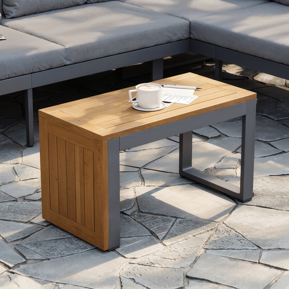 Ensemble de canapé modulaire d'extérieur Slatera en acacia et aluminium, gris foncé avec housse noire image de fenêtre