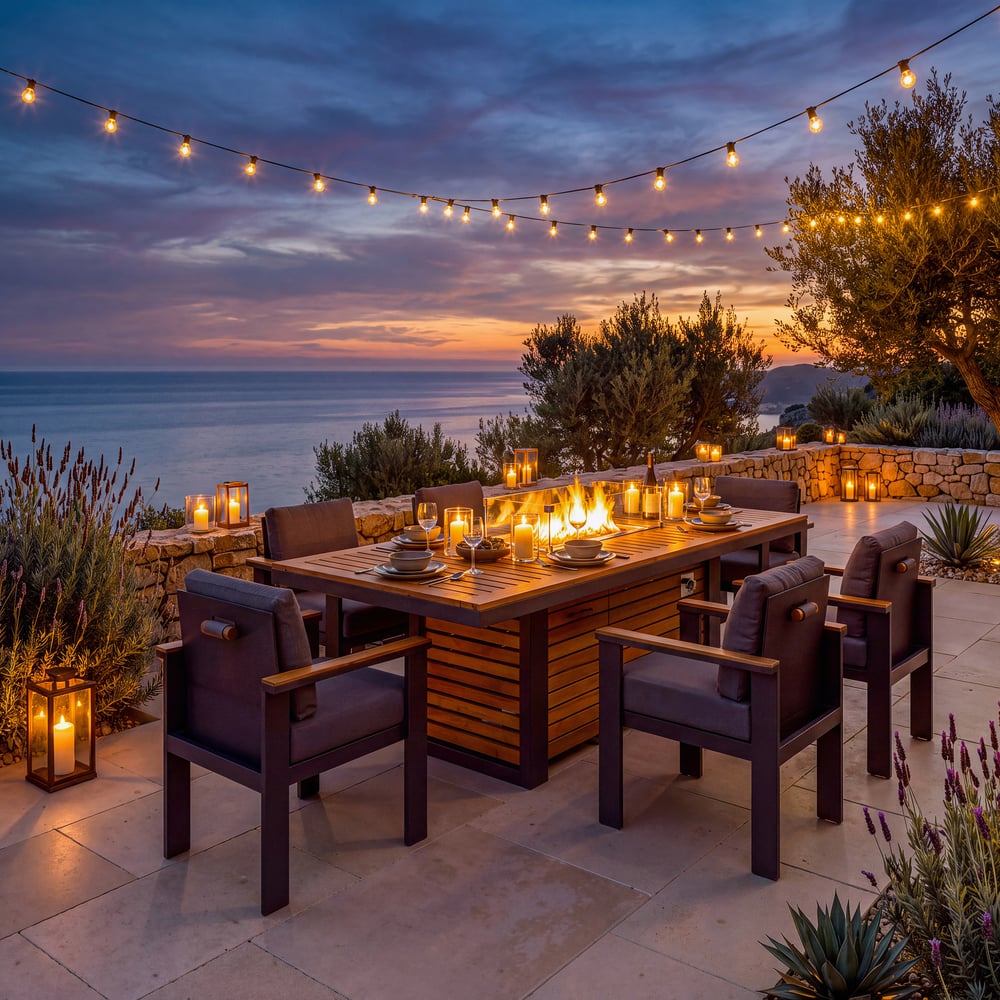 Tevara 7 Pieces Outdoor Dining Set with Propane Fire Pit Table & Aluminum Armchair window image